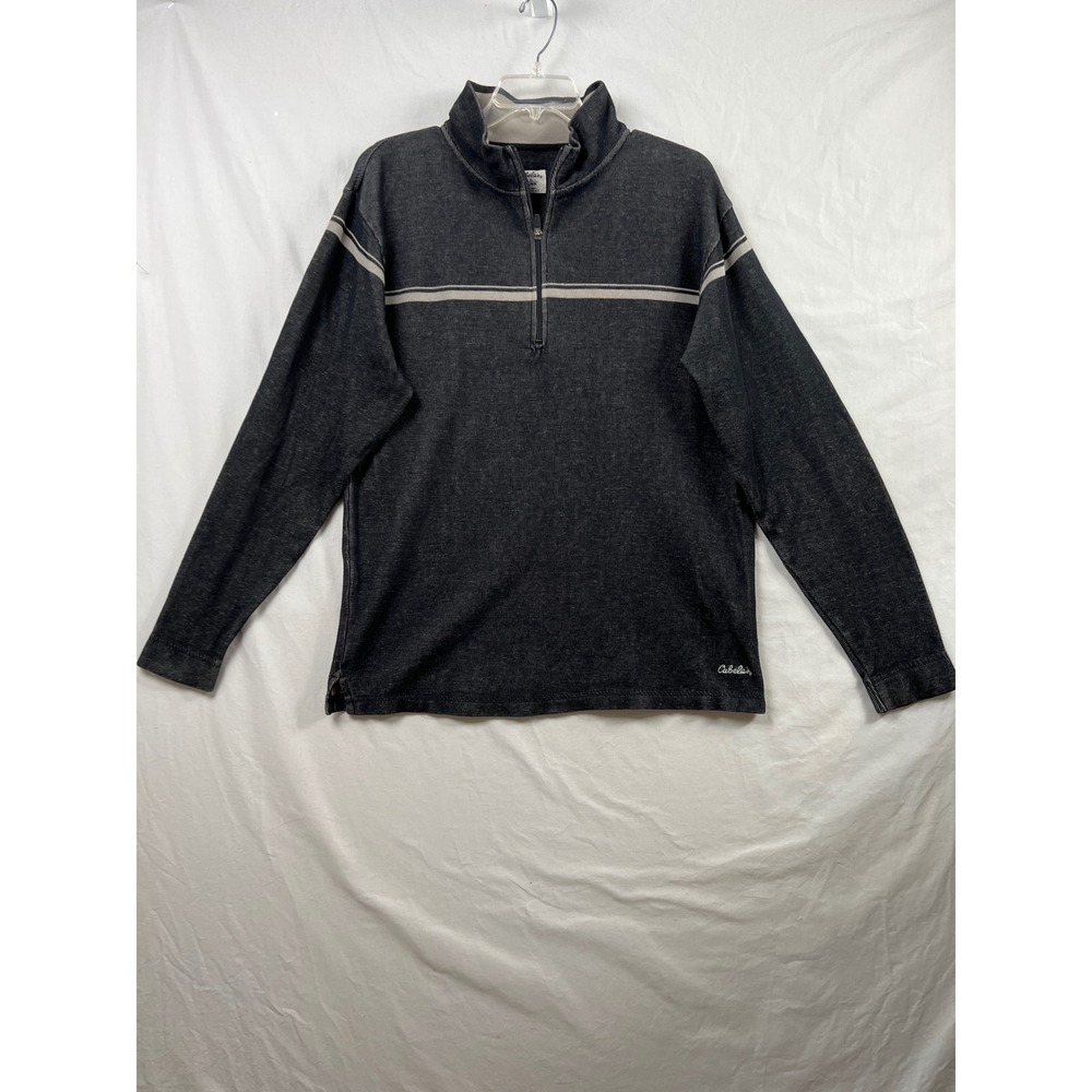 Cabela's Quarter Zip Pullover Mens L Large Gray 100% Cotton Striped Mock Neck